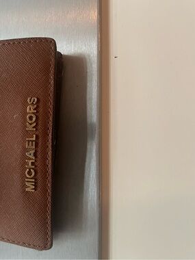 Michael Kors Brown Saffiano Leather Card Holder with Gold Logo